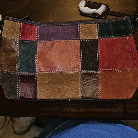 For @cookie95834 - Fossil Brown and Red Patchwork Leather Shoulder Hobo Bag NWT - Picture 3 of 12